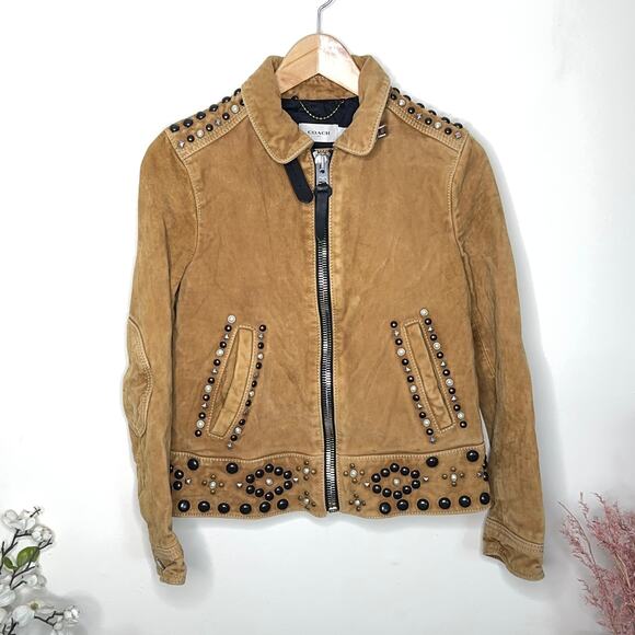 COACH 1941 Suede Lambs Leather Studded Jacket Tan Camel Sz 6 MSRP $1795 - Picture 3 of 12